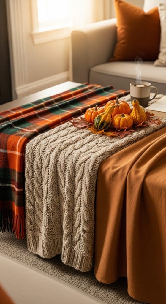 different materials with mini pumpkins on top