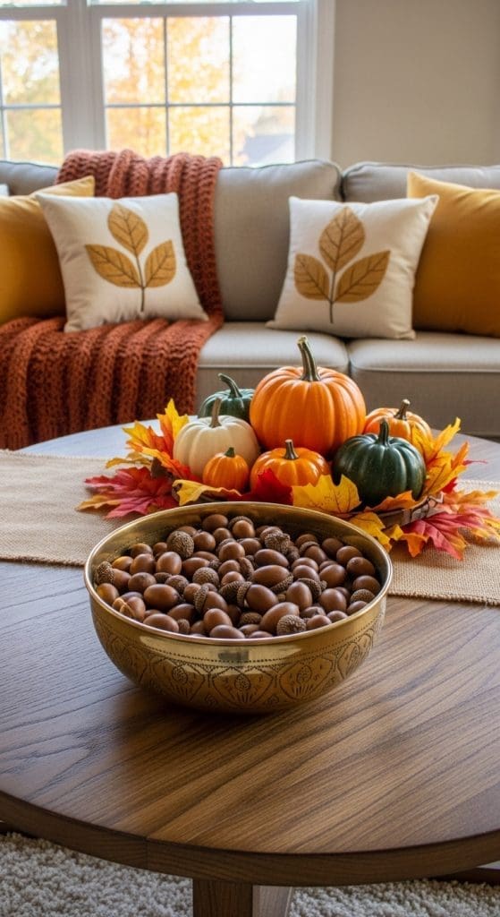 brass bowl on a round coffee table filled with acorns