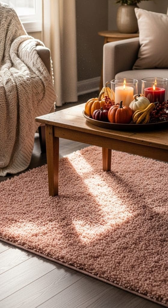 plush pink rug under a coffee table in a fall decorated living room