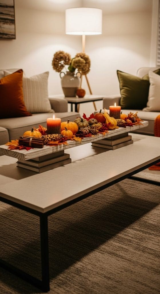floating centrepiece on a Rectangle Coffee Table with candles and fall decor