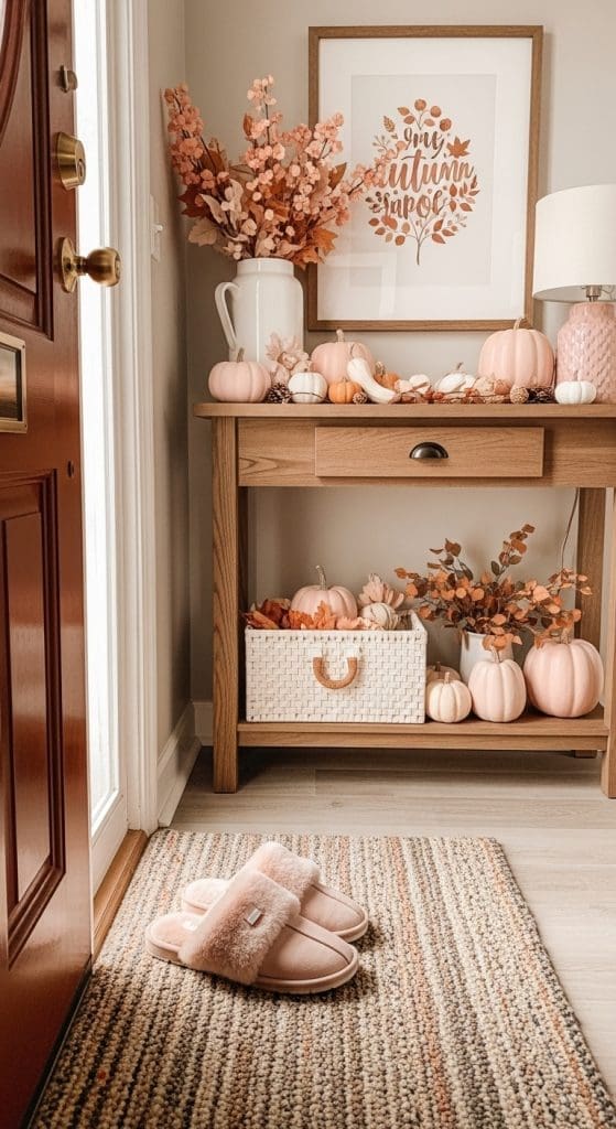 pink slippers in a hallways decorated with pink fall decor