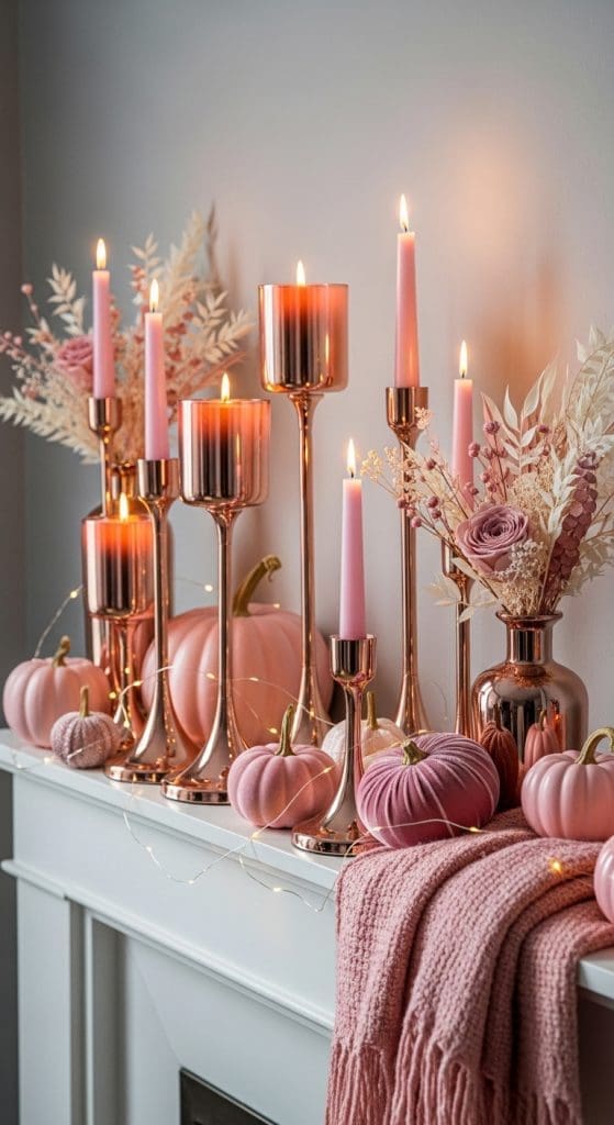 rose gold candle holders with pink taper candles and rose fall decor