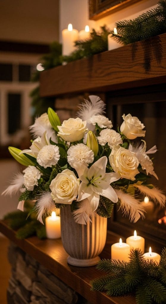 white bouqet of different flowers such as roses and lilies in a ceramic vase mixed with white feathers