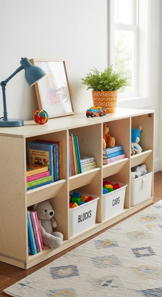 wooden cuppy hold for books in a kids bedroom