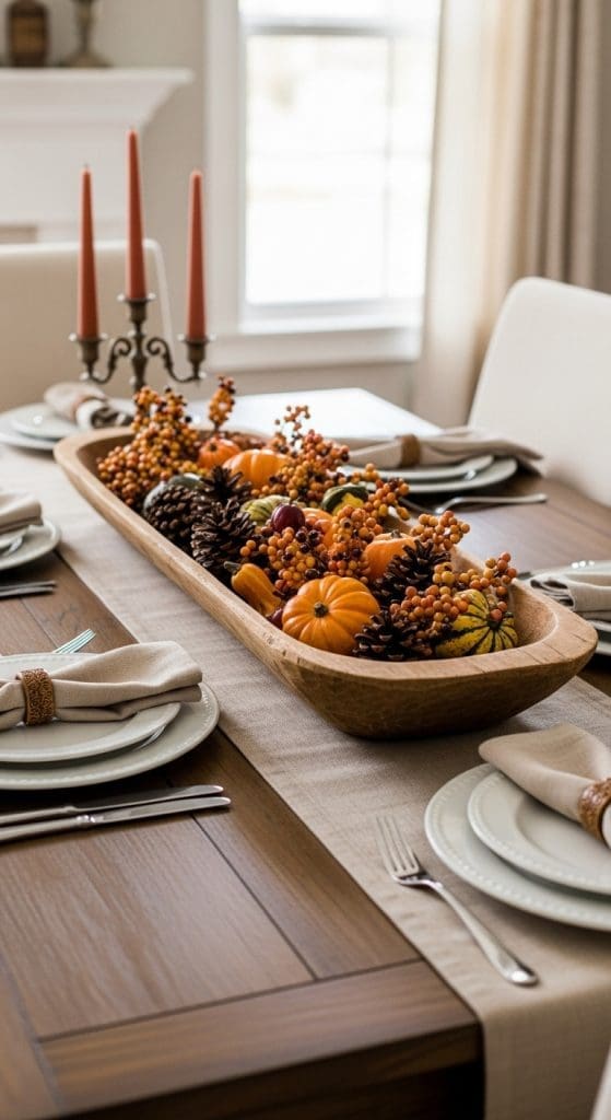 dough bowl with mini pumpkins and berries on table