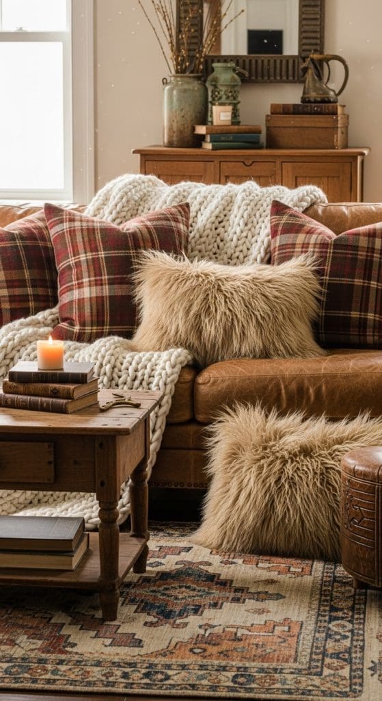 cozy throws and fluffy pillows on a brown leather chair in a living room