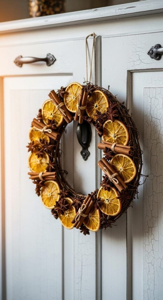 wooden wreath hanging from kitchen cabinets with citrus and cinnamon