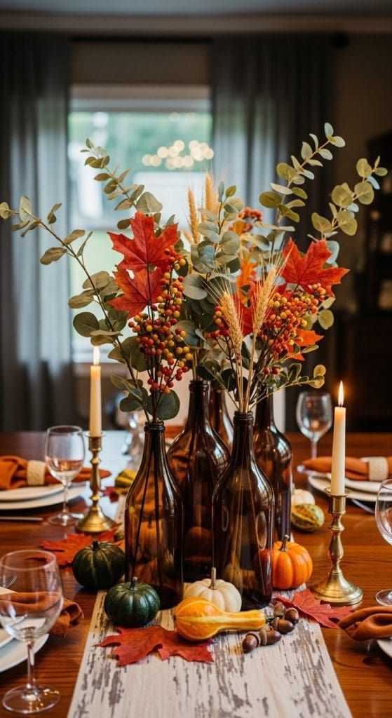 amber bottles filled with autumnal branches and berries as a centrepiece on a fall table