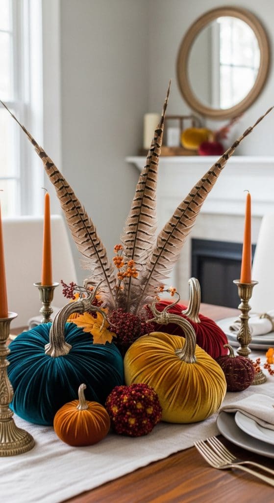 velvet pumpkins and turkey feathers on a dining room table as the centrepiece