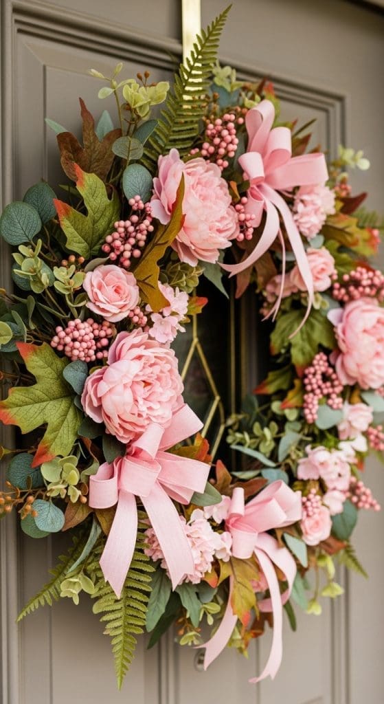 pink and green fall wreath on a doorway