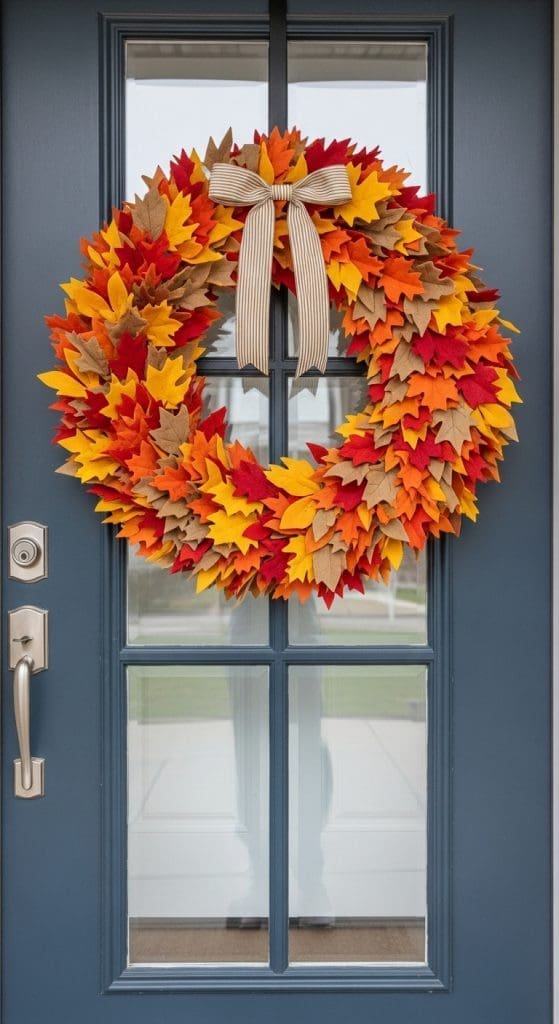 felt leaf wreath on a front door with a burlap bow