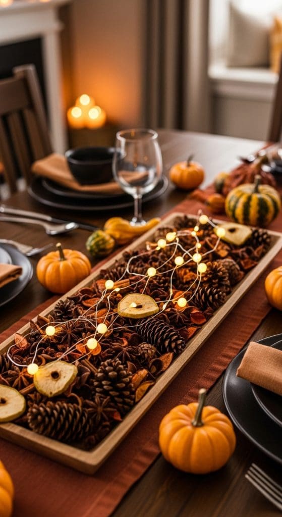 tray with pinecones and fairy lights used as a fall table centrepiece