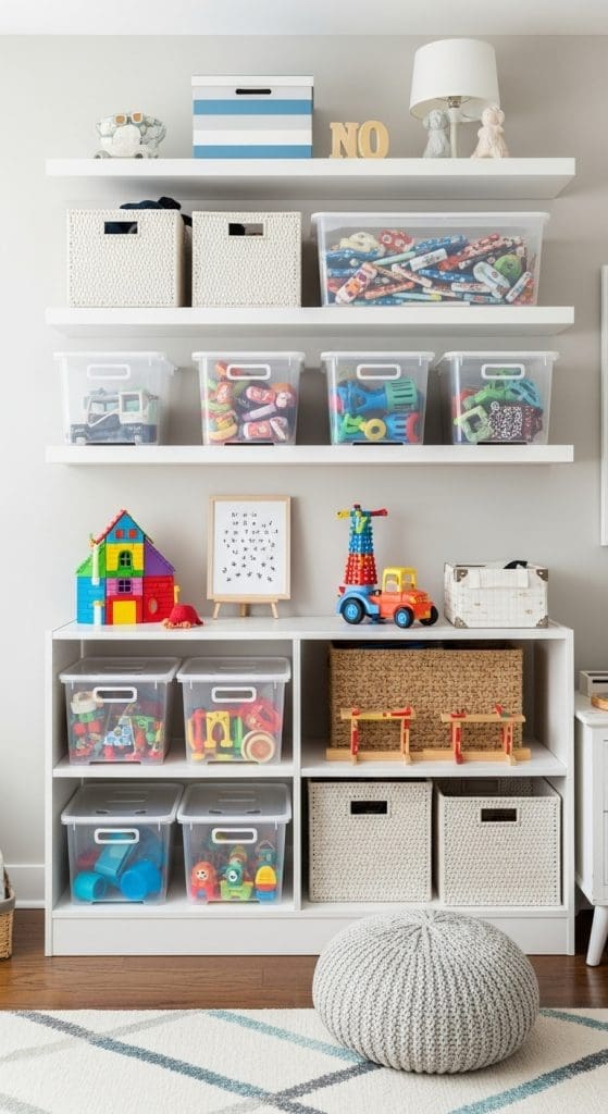 clear storage bins in a kids bedroom for storing toys on white shelves