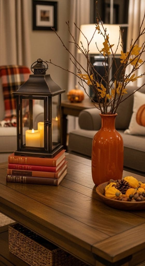 large lanterns with a candle, orange vase with wooden branches and wood bowl with seasonal decor