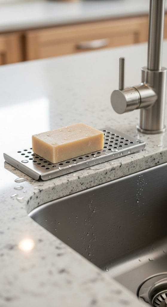 stainless steel soap tray with holes in it for water drainage and soap bar