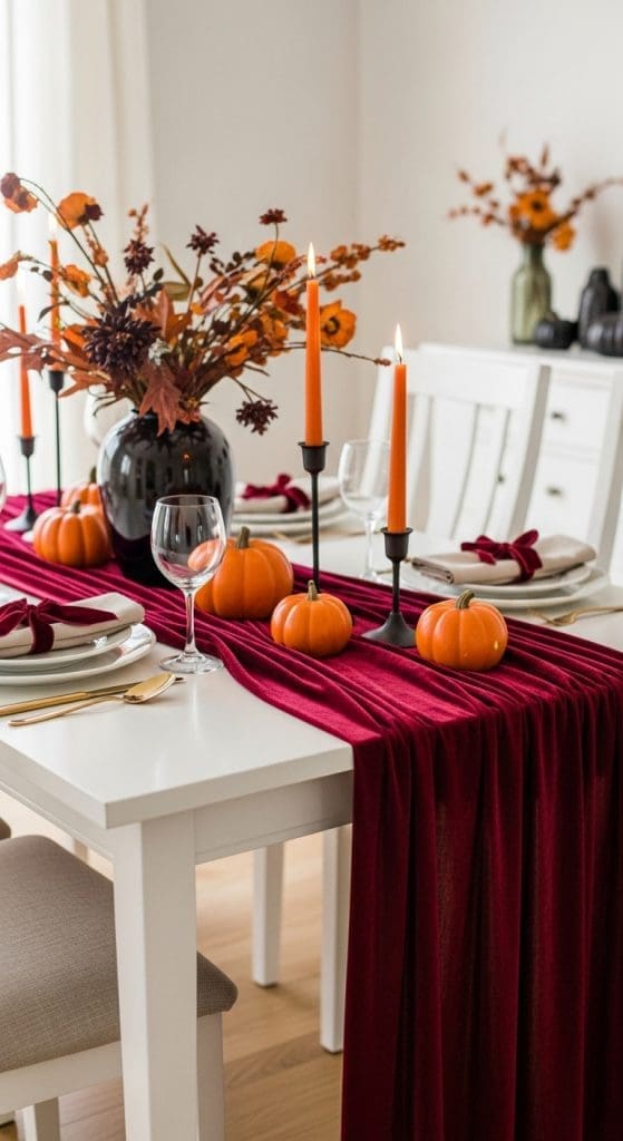 burgandy red table runner with mini orange pumpkins and taper canldes