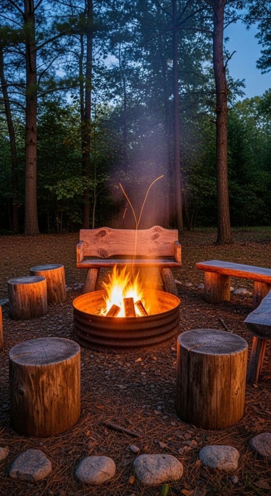 rustic country style bonfire pit with wooden stools and wooden benches