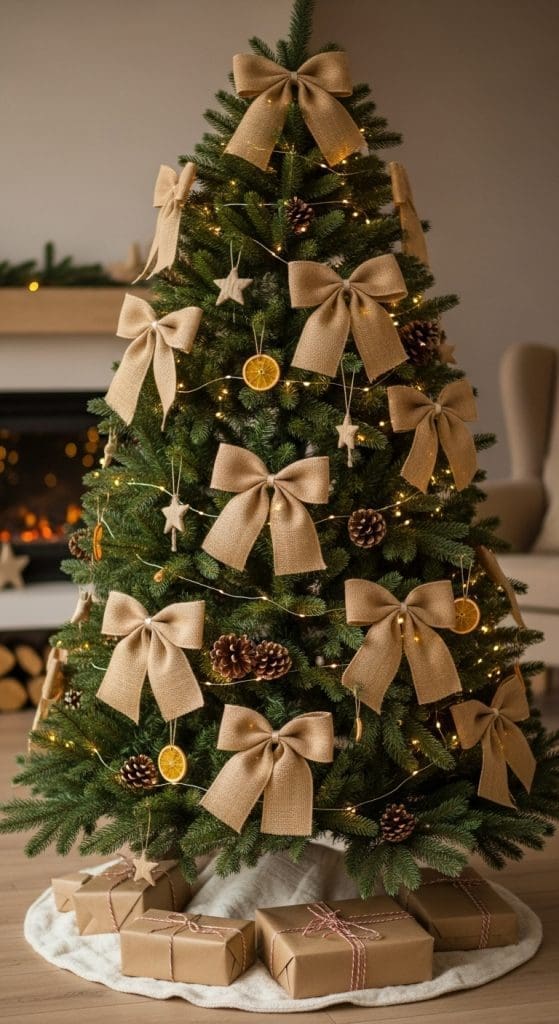 large burlap ribbons on a green christmas tree