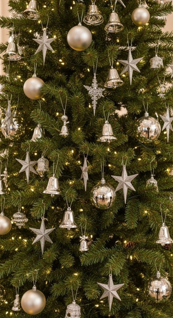 christmas tree with silver stars and bells