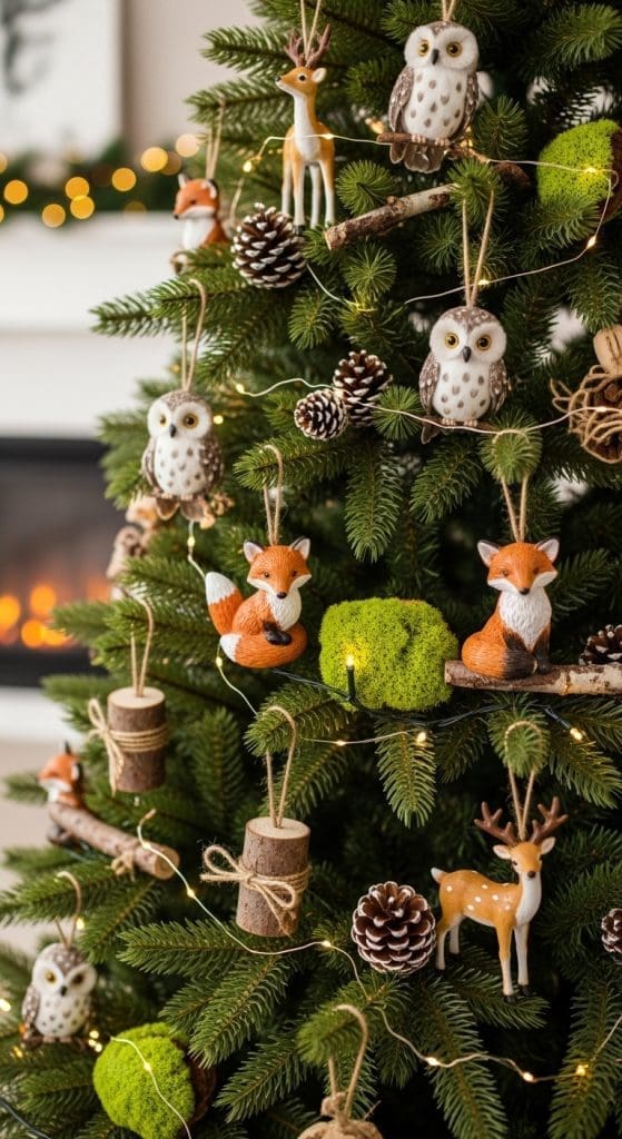 christmas tree with woodlnad creatures hung from branches