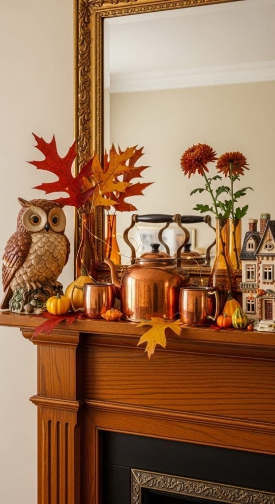 vintage style collectables on a mantle 