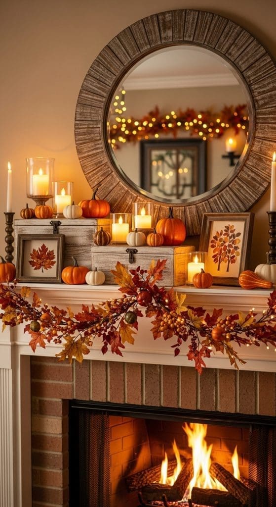 boxes on mantle providing different levels for fall decor 