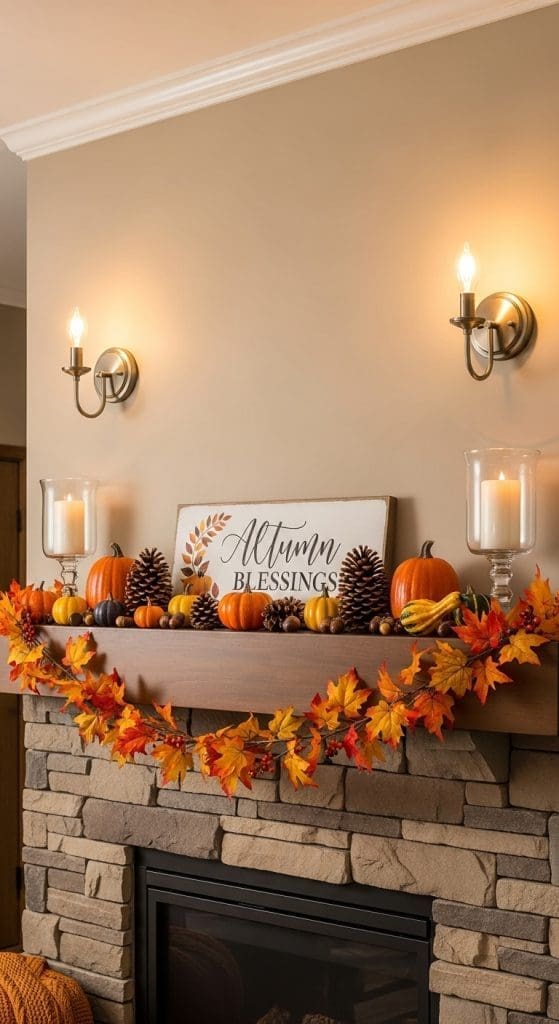 two wall scones above fall themed fireplace