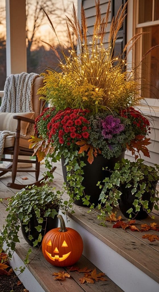 Fairy lights wrapped in tall grass with a cute cozy flower arrangement