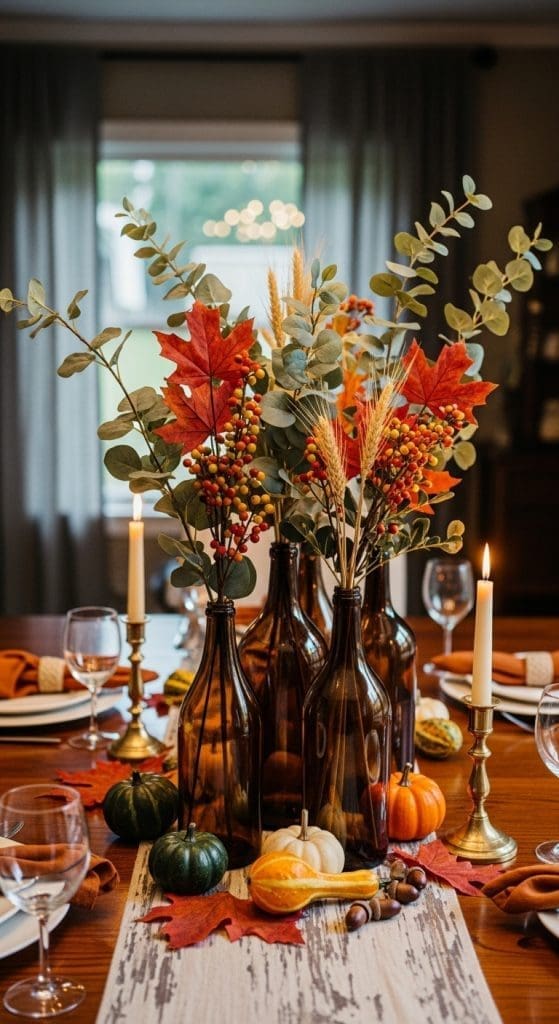 amber bottles filled with autumnal branches and berries as a centrepiece on a fall table