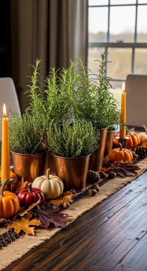 copper plant holders on a dark brown wood table with mini orange pumpkins