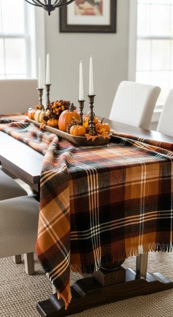 plaid blanket used as a table runner for a cozy fall table decor