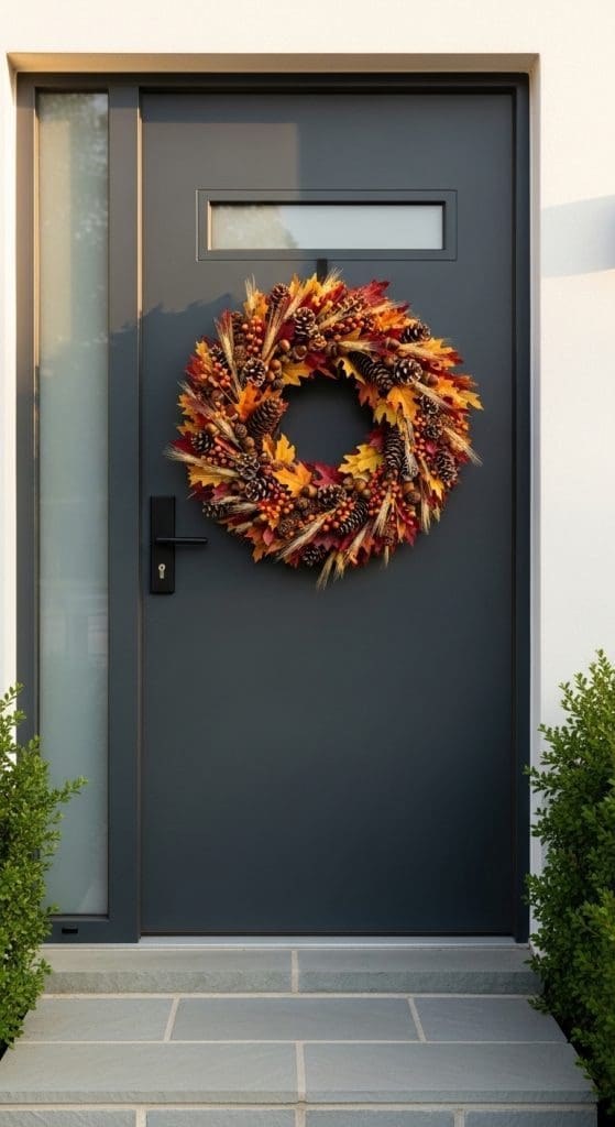 classic autumn leaf wreath on a black front door