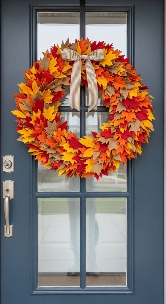 felt leaf wreath on a front door with a burlap bow
