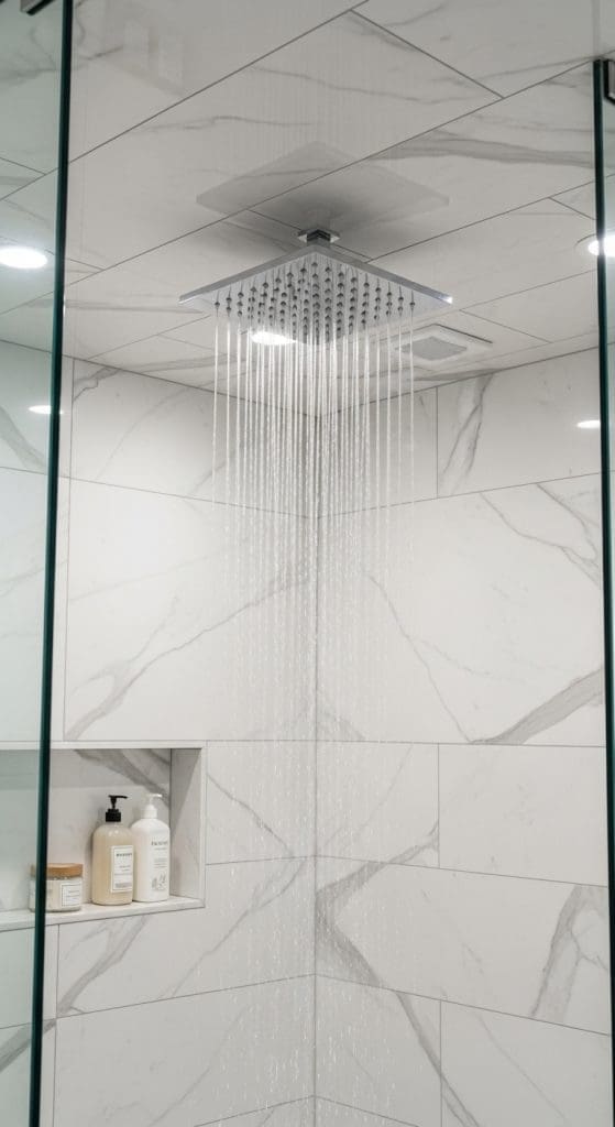 rainfall style shower head in a shower