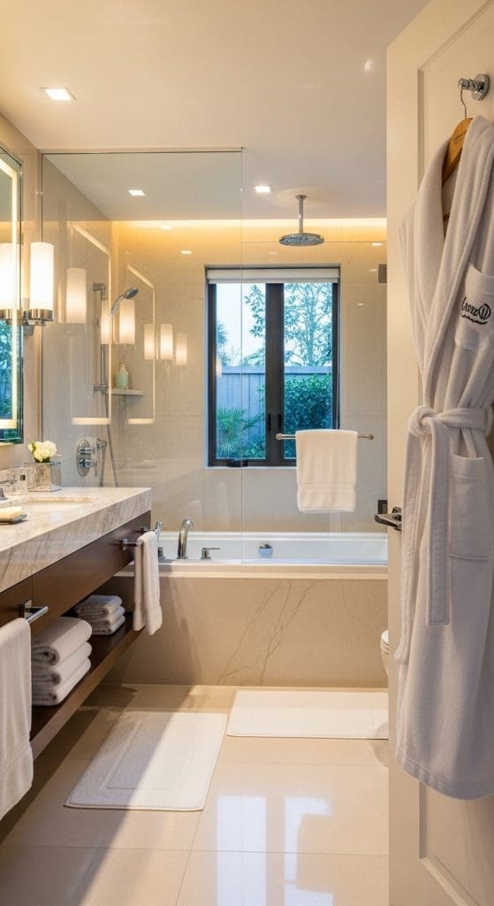 plush white robe hangs from the back of a door in a home spa bathroom