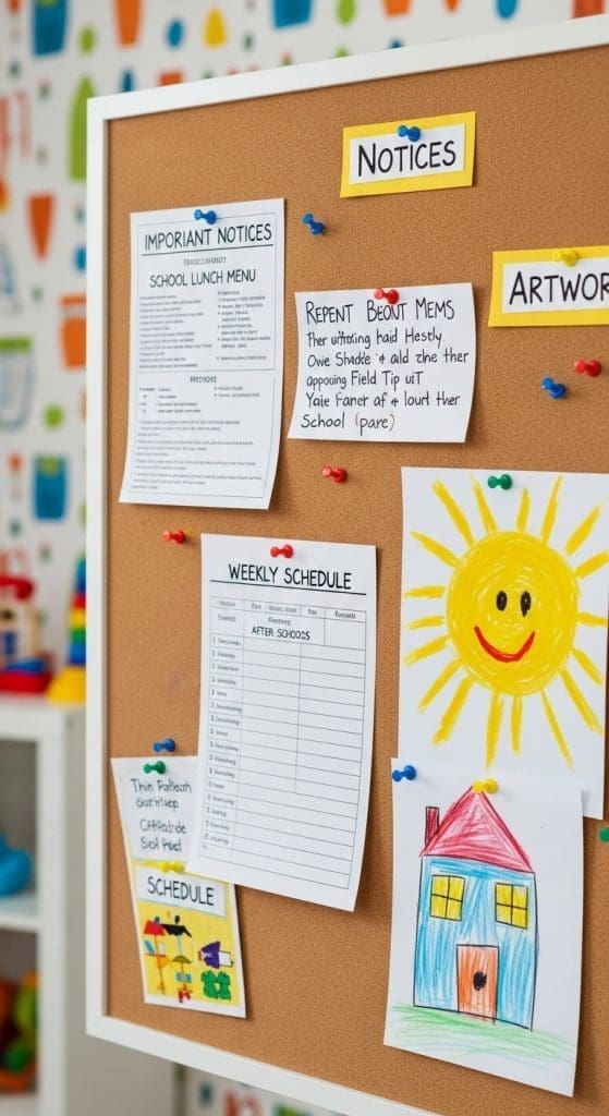 corkboard hanging up for kids schedules, artwork etc