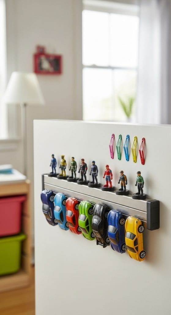 magnetic strip on the wall for toy cars and small soldiers for kids organization