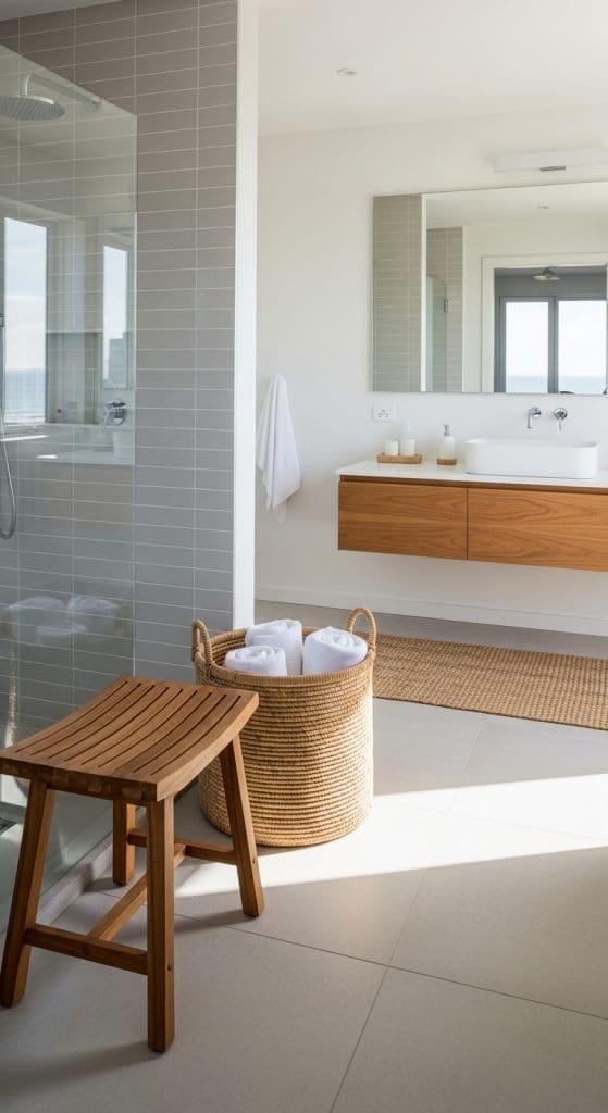 wooden stool in a coastal bathroom 
