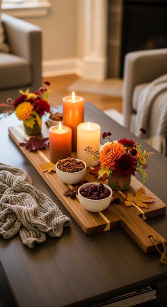 wooden board with candles, nuts in white bowls and fall flowers on a Rectangle Coffee Table 