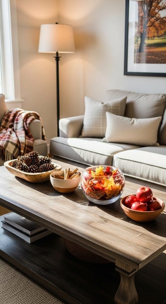 different bowls with pinecones, cinnamon, apples and leaves on Rectangle Coffee Table
