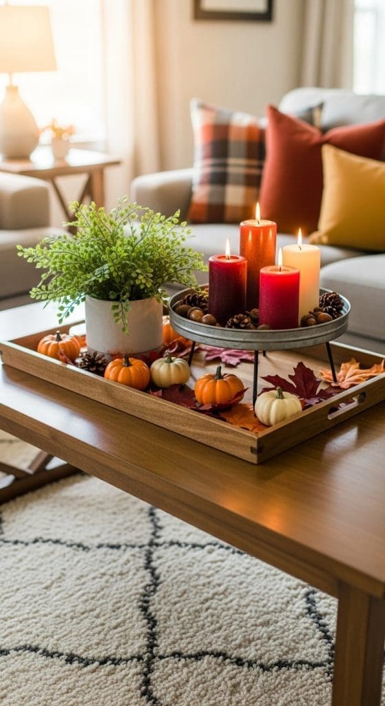 stacked trays for depth on a Rectangle Coffee Table  with red candles and plants 