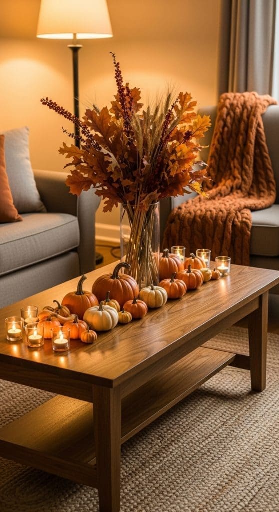 varying heights of fall decor on a Rectangle Coffee Table 