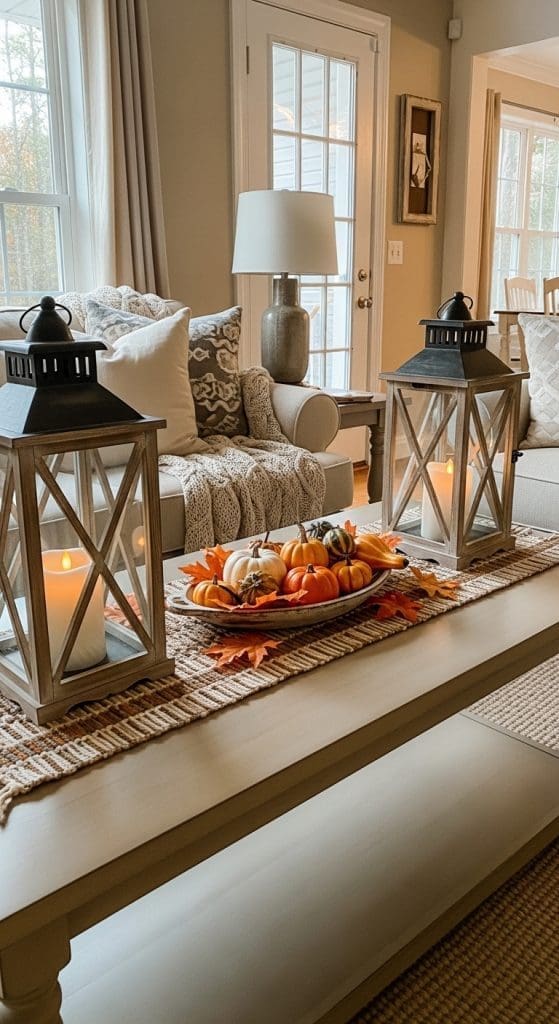 two wooden lanterns and a bowl with fall decor in the middle on a Rectangle Coffee Table