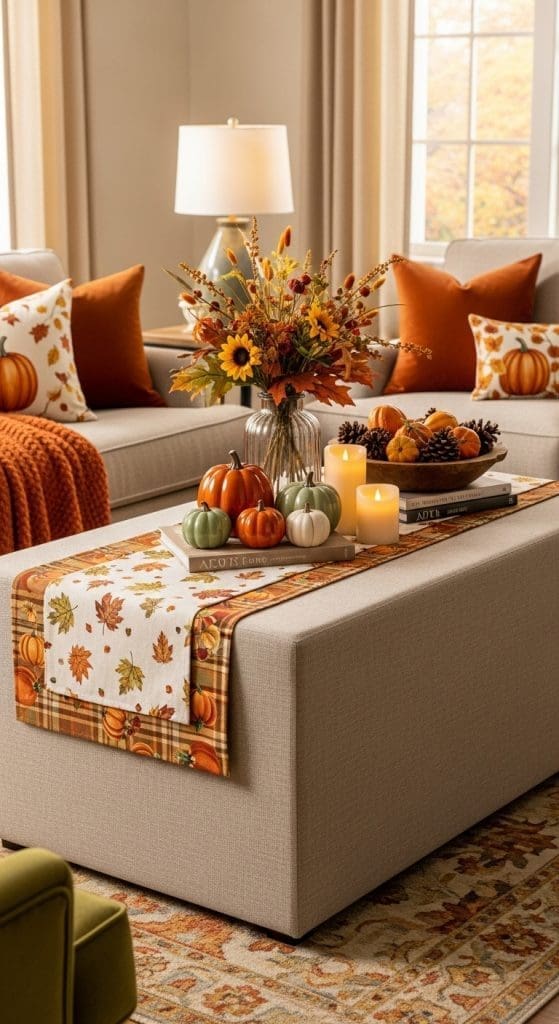 two runners with mini pumpkins and vase with dried flowers on a Rectangle Coffee Table 