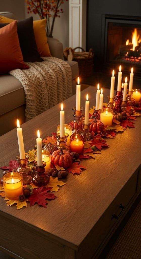 runner of tapered candles and fall decor on a Rectangle Coffee Table 