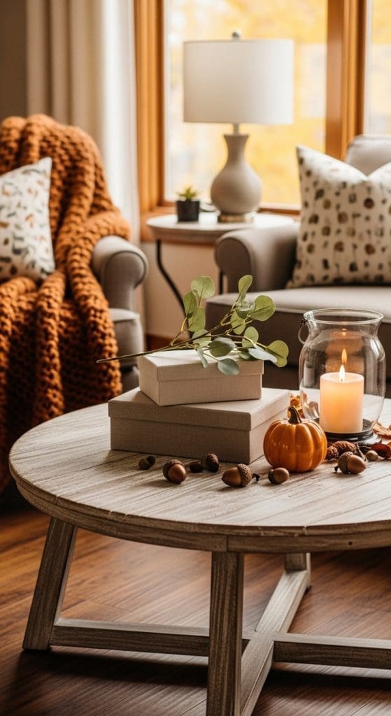 Two stacked linen boxes with eucalyptus sprigs and mini pumpkins decor