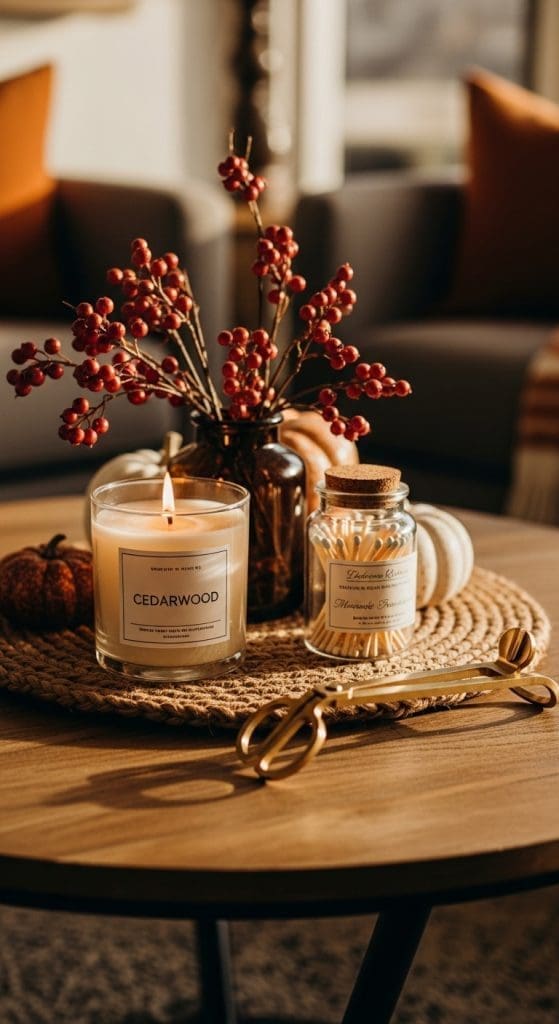 seasonal candle display on a woven round placemat