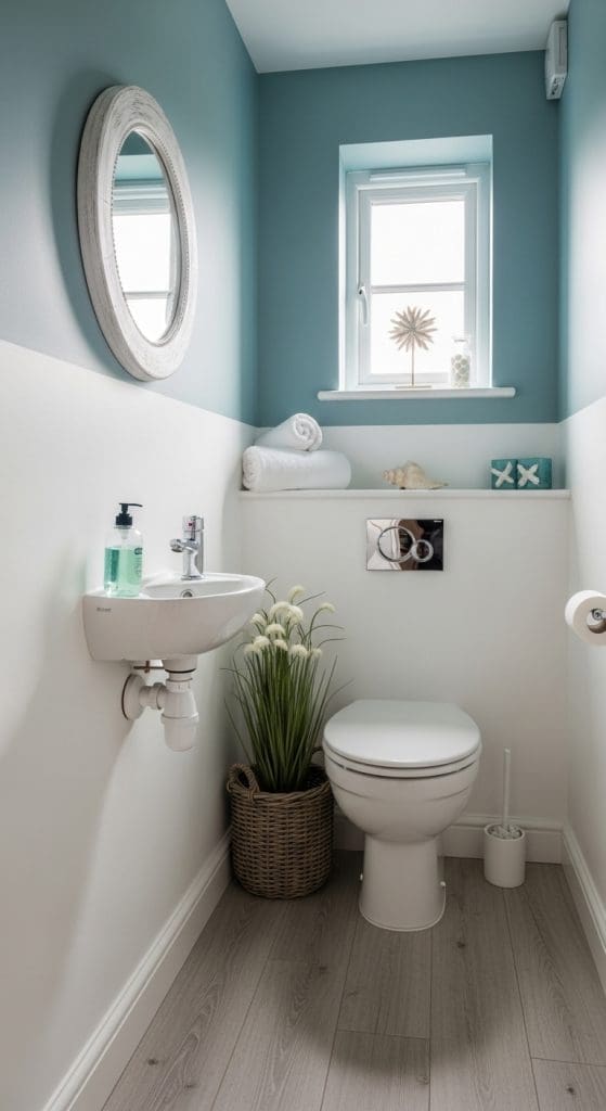 slim floating white sink in a coastal theme bathroom 