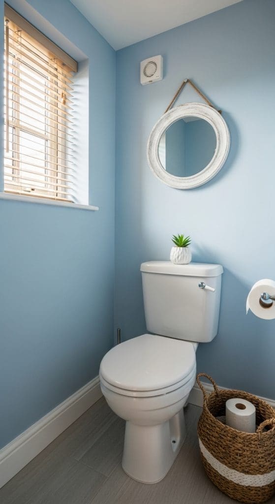 blue small toilet with small potted plant 