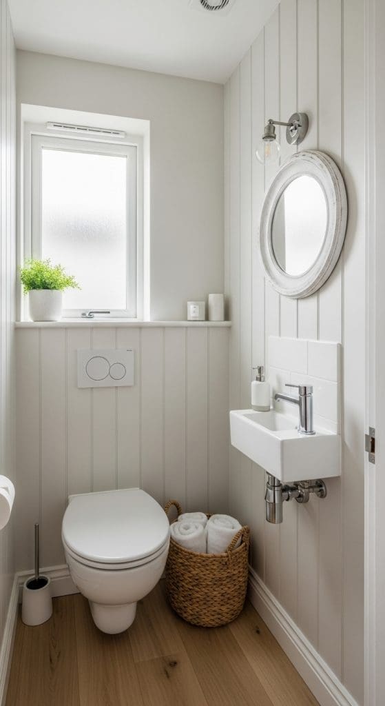 white shiplap walls in a small coastal themed toilet 
